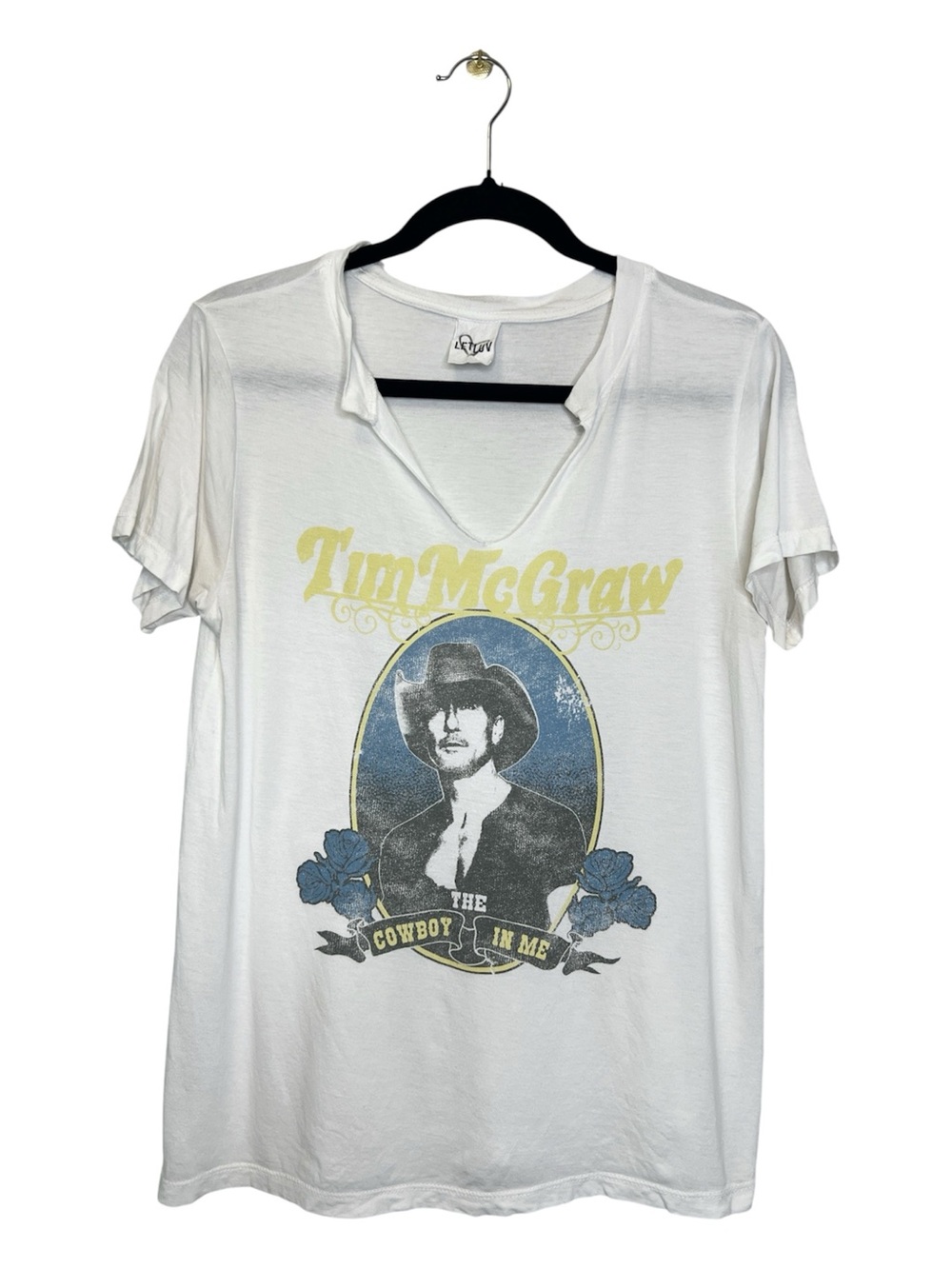 LETLUV Tim McGraw The Cowboy in Me Split Neck Graphic Print Band Tee size XS